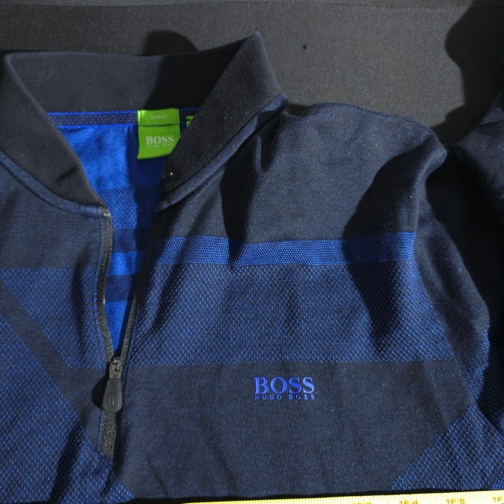 Hugo Boss Pullover Mens L Navy Blue Quarter Zip Slim Fit‎ Geometric Knit Sweater